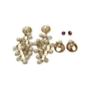 Avon Earrings Lot Of 3 Pearl Dangle & Purple Gem Studs Vintage Jewelry